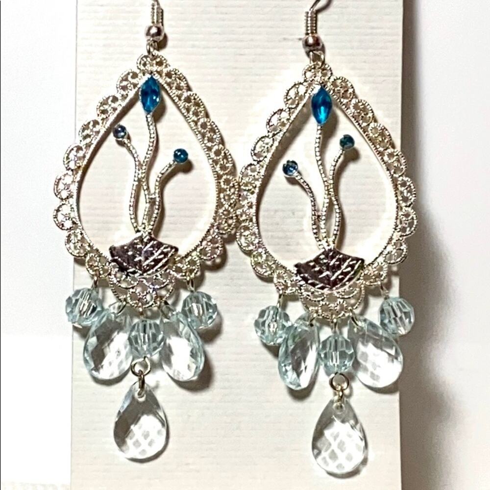 Crystal CHANDELIER EARRINGS 3” Dangle Drop Delicate Silver Blue French Wire NEW